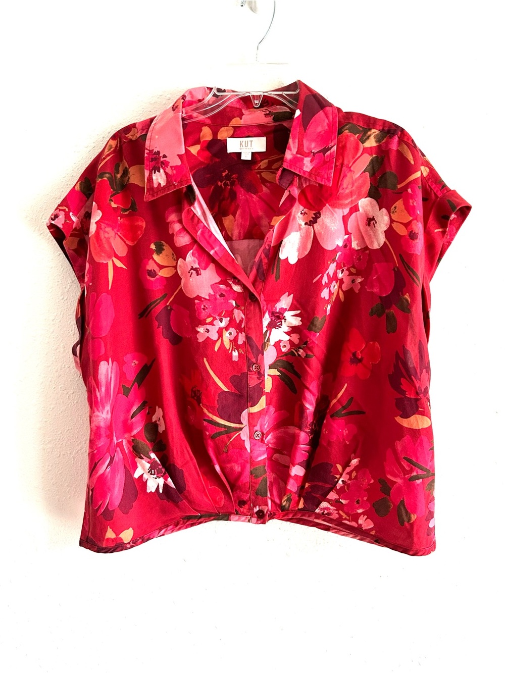 Kut From the Kloth Top Women's Size XL Red Pink Floral Short Sleeve